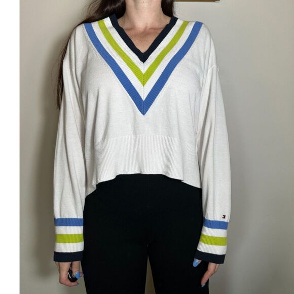 Tommy Hilfiger White Striped Cropped V-Neck Sweater Size Large - Picture 1 of 7
